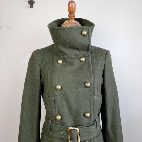 BCBGMaxAzria S Trench Peacoat Wool Cashmere Long Olive Green Coat Jacket BCBG - Picture 2 of 15
